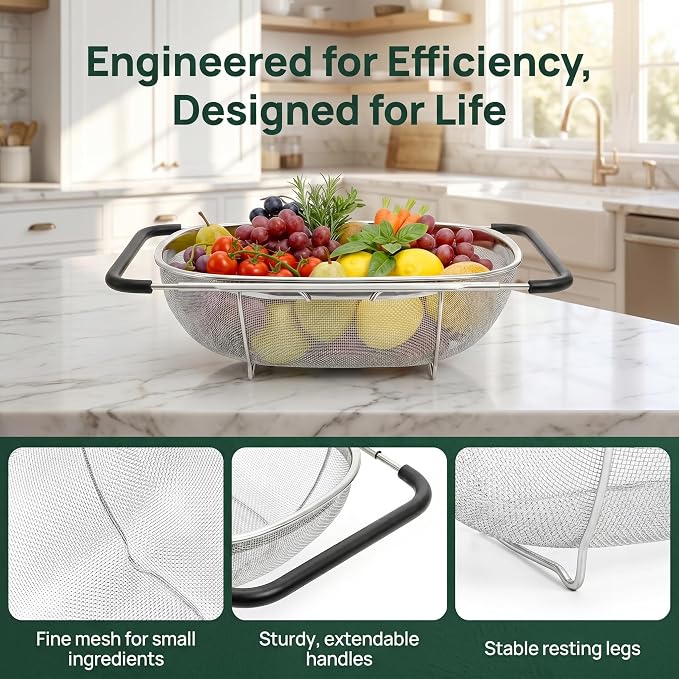 2 Pack Over the Sink Oval Colander for Kitchen, Stainless Steel Fine Mesh 6 Quart Strainer Basket with Expandable Rubber Grip Handles for Straining, Draining, Rinsing Fruits, Vegetables