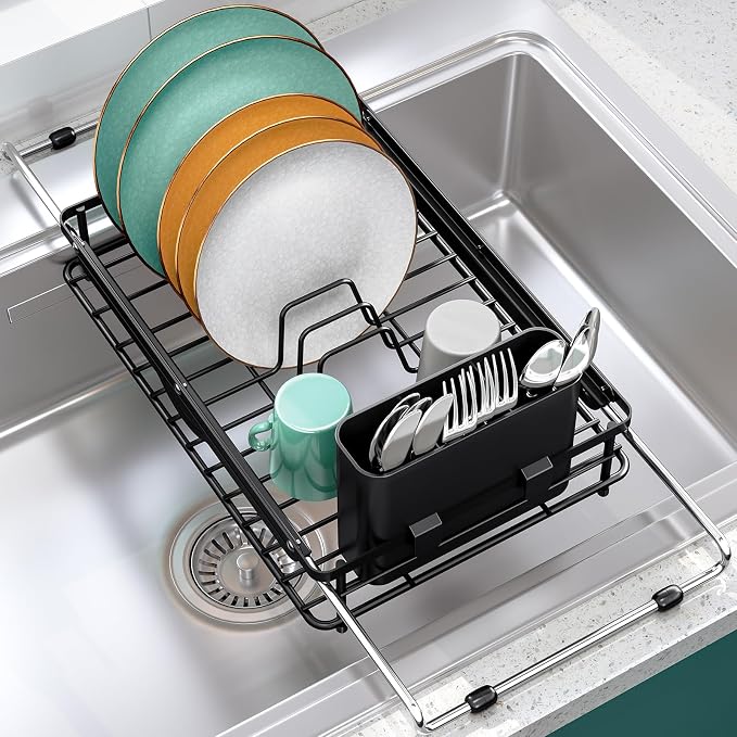 TOOLF Sink Small Dish Drying Rack with Utensil Holder for RV, Apartment | Over Sink Expandable Stainless Steel Dish Drainers for Compact Kitchen, Space Saving, Fast Drain, Rustproof, For 1-2 people