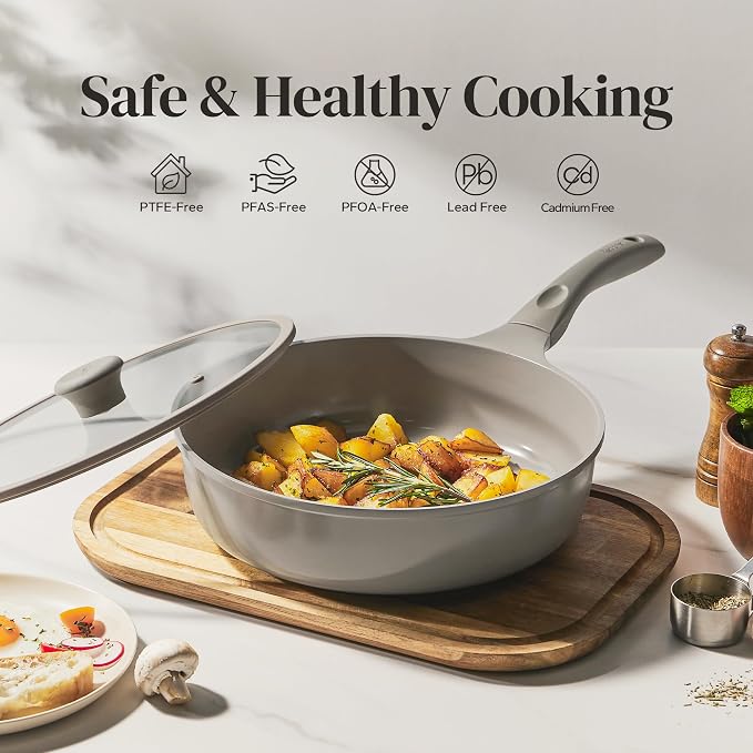 Redchef Ceramic Coated Nonstick Frying Pan with Cover, Large Deep Saute Pan Skillet, Induction Ready, Dishwasher Safe, PFOA PFOS Free, Non Toxic, Glass Lid Large Deep Frying Pan, Grey (5.5Qt, 12")