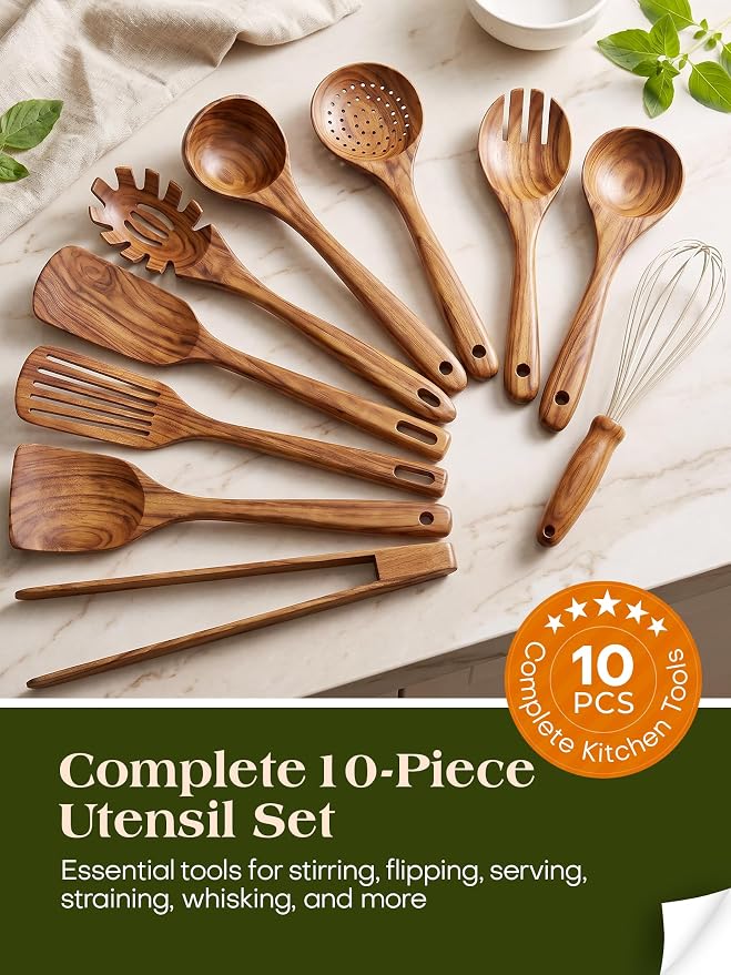 10Pcs Wooden Kitchen Utensils, Teak Wood Utensil Set for Kitchen, Heat-resistant Wooden Spoons for Cooking, Nonstick Wood Spatula Soup Ladle Tong Egg Whisk
