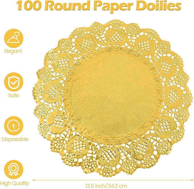 MCEAST 100 Pack Round Gold Paper Doilies 13.5 Inches Lace Place Mats Rustic Scallop Doily Disposable Paper Table Pads for Food Cakes Crafts Party Weddings Tableware Decor