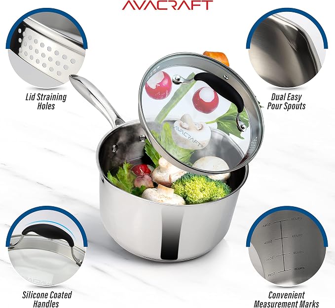 AVACRAFT 2.5 Quart Stainless Steel Saucepan with Glass Strainer Lid | 18/10 Stainless Steel, 5-Ply Capsule Base, Dual Pour Spouts, Induction Compatible, Ergonomic Handle, Dishwasher Safe