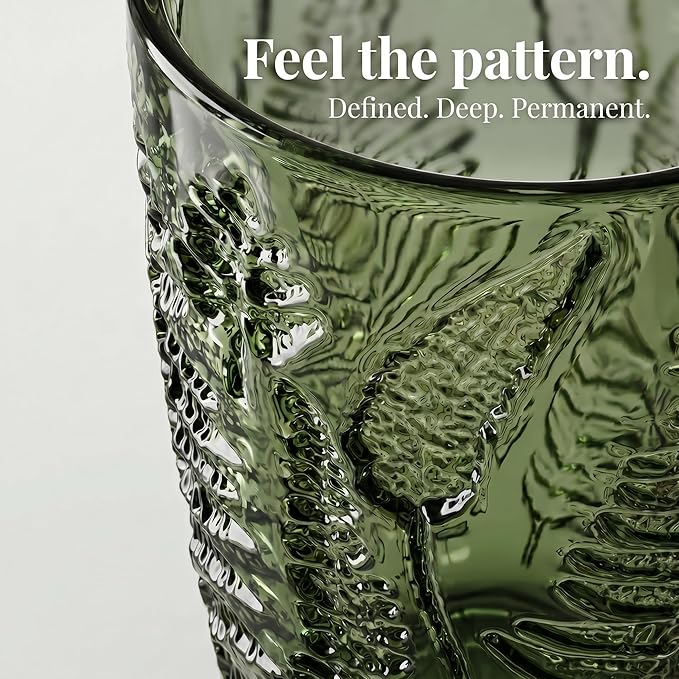 Green Drinking Glasses Set of 4, 12 oz Glass Cups, Vintage Fern Glassware | Hand-Pressed, Dishwasher Safe, Boho Leaf-Textured Drinkware, Embossed Highball Tumblers for Water, Retro Kitchen Gift