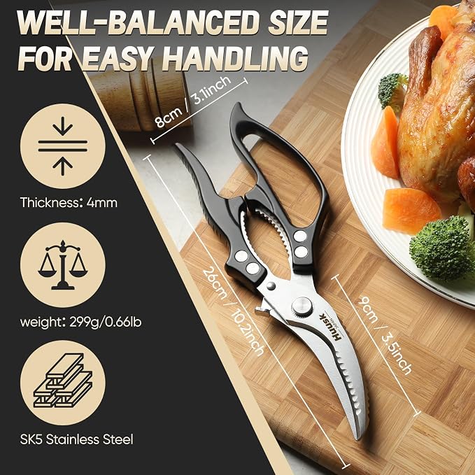 Huusk Kitchen Scissors All Purpose – Japanese Heavy Duty Poultry Shears | SK5 Steel Kitchen Shears for Meat, Fish, Vegetables, Chicken Bones, Turkey, Ergonomic Non-Slip Black Handle, Gifts for Women
