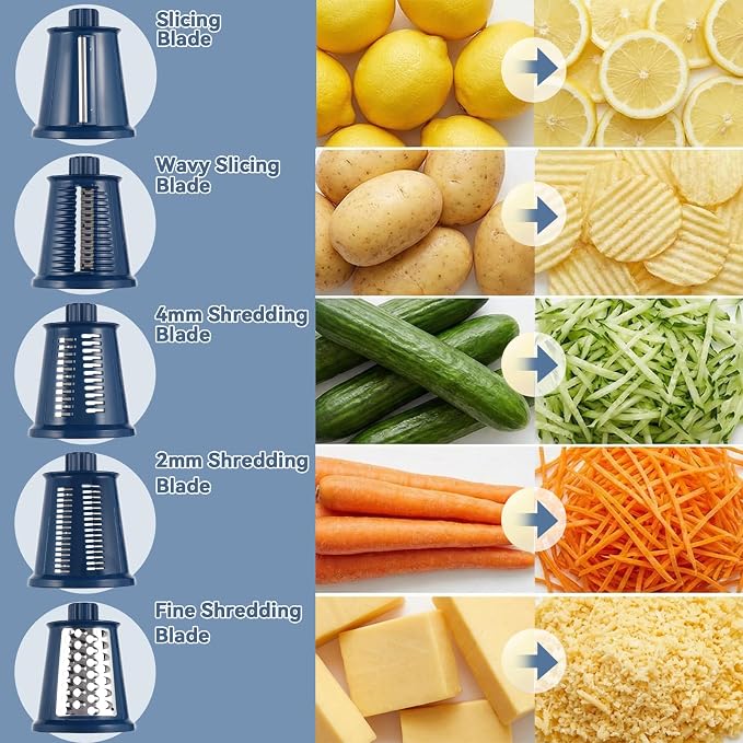 Upgrade Rotary Cheese Grater Shredder with Handle, Strong Suction Base, Multi-purpose Rotary Grater Slicer with 5 Interchangeable Blades for Ice, Vegetables, Fruit, Nuts with Blade Storage Box