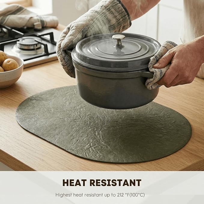 Artoid Mode Olive Green Faux Leather Oval Placemats Set of 4, 12 x 18 Inch Waterproof Wipeable Heat Resistant Vinyl Place Mats, Reversible Table Mats for Kitchen Dining Decor