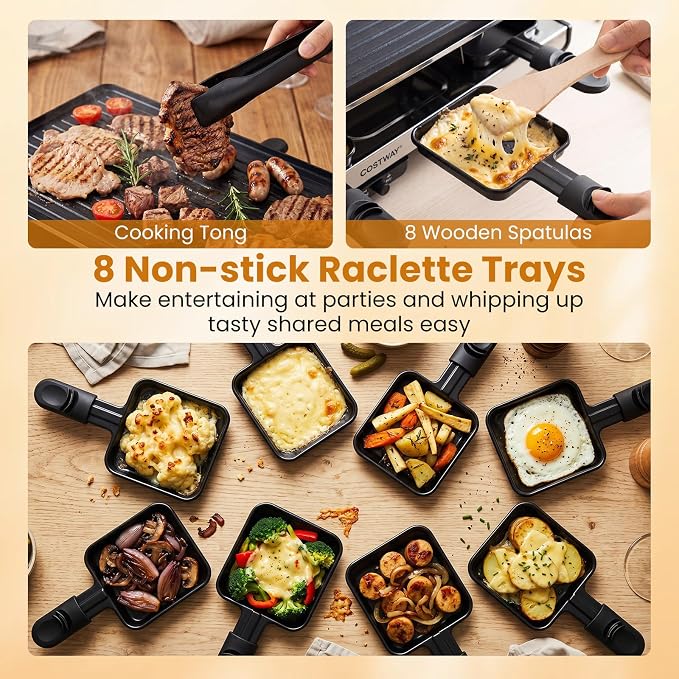 COSTWAY Raclette Grill for 8, 2-in-1 Table Grill & Griddle with Reversible Nonstick Plate, 8 Cheese Pans, 8 Wooden Spatula, Tong & Adjustable Temp Control, 1400W Electric Griller for Indoor & Outdoor