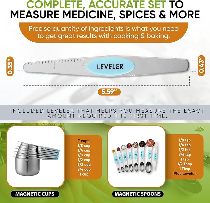 Spring Chef Magnetic Measuring Cups & Spoons Set of 16, Patented, Aqua Sky | Stackable Stainless Steel Measuring Cups & Heavy Duty Metal Measuring Spoons with Levelers for Dry & Liquid Ingredients