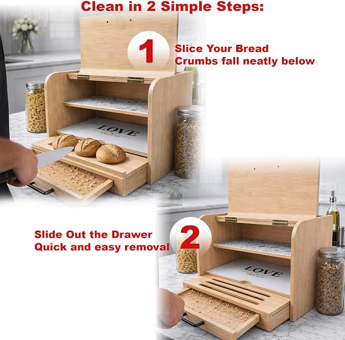 KNIFEPLANET Premium FULLY ASSEMBLED Bamboo Bread Box – Extra Large Real Wood Bread Box for Kitchen Countertop Storage, Thick Durable Construction, Double Layer Design (17.5" x 10" x 12")