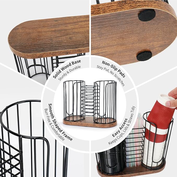 Coffee Cup Holder, 3-in-1 Disposable Cup, Straw & Lid Organizer | Paper Cup Dispenser Rack with Wooden Base, Dispenser Storage for Countertop Coffee Bar Office Kitchen, Zero Assembly