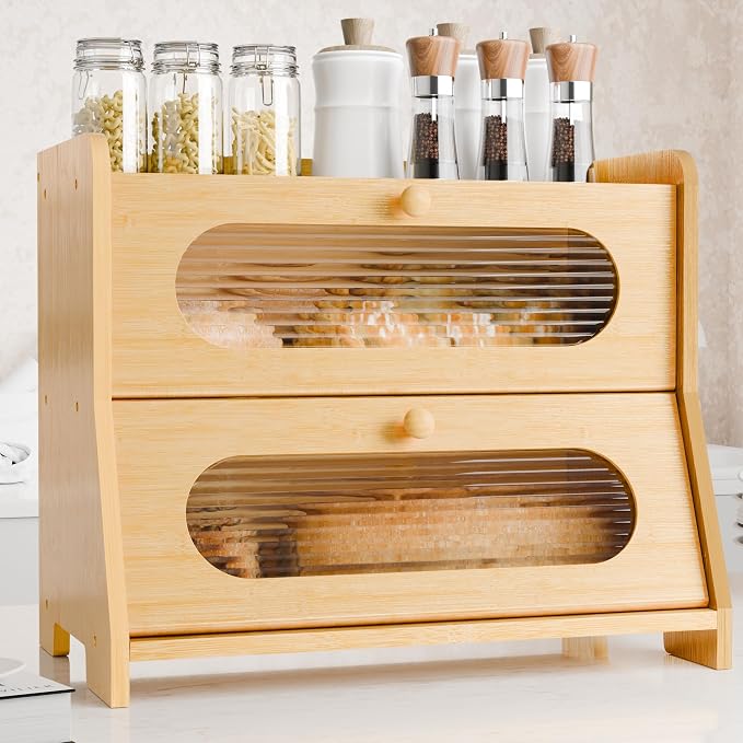 Bread Box,Extra Large 2-Tier Bamboo Bread Box for Kitchen Countertop,Bread Storage Container with Magnetic Acrylic Door for Homemade Bread,Under Cabinet,Pantry Organizer(Natural)