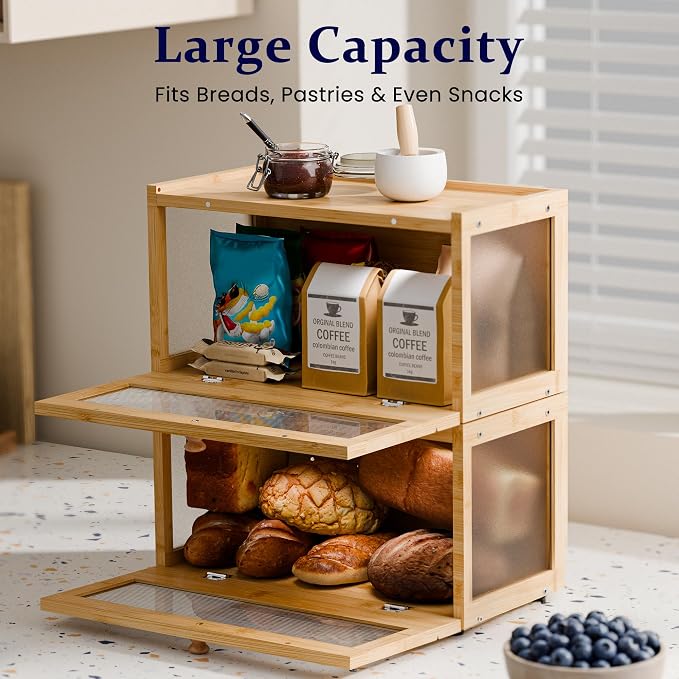 Stackable Bread Box for Kitchen Countertop, 2 Tier Bamboo Bread Storage Container Holder Bin for Baked Goods Snacks Farmhouse Breadbox with Acrylic Window for Pantry Cabinet Cupboard, Natural