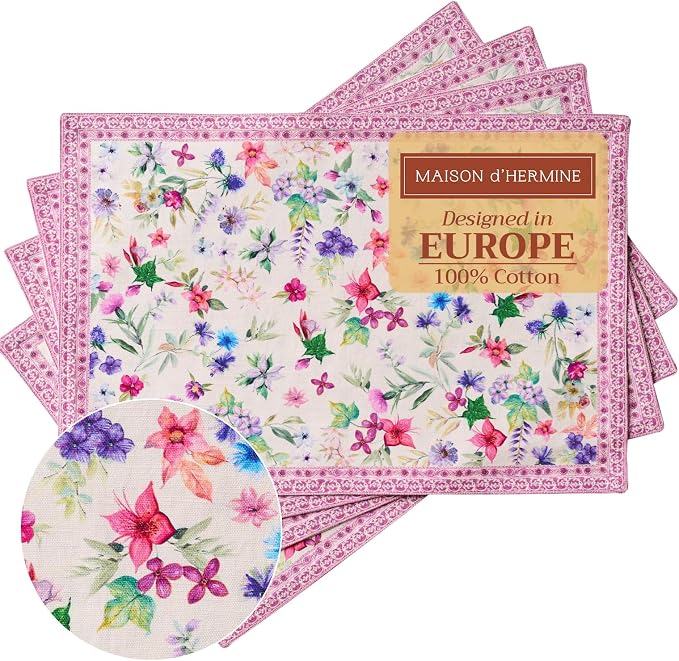 Maison d' Hermine Placemats Set of 4 Reusable 100% Cotton (13"x19") | Cloth Place Mats Washable Table Mats for Kitchen Dining Party Wedding Hotel Home Restaurant Spring Summer - Chardon