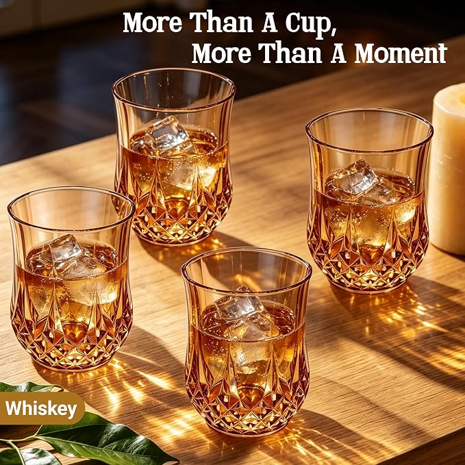24 Pack 12 Oz Plastic Stemless Wine Glasses, Amber | Unbreakable, Reusable, Elegant Vintage Design, Fancy Cocktail Cups, Whiskey, Champagne, Wedding, Party, Bars, Holiday Events
