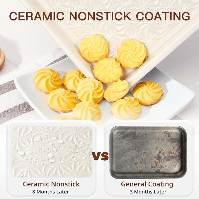 Ceramic Coated Baking Sheet Pan Set of 3 with Floral Texture | Nonstick Aluminized Steel Cookie Sheets, Half, Quarter and Jelly Roll Pans, Shallow Oven Trays, 0.8mm Thick
