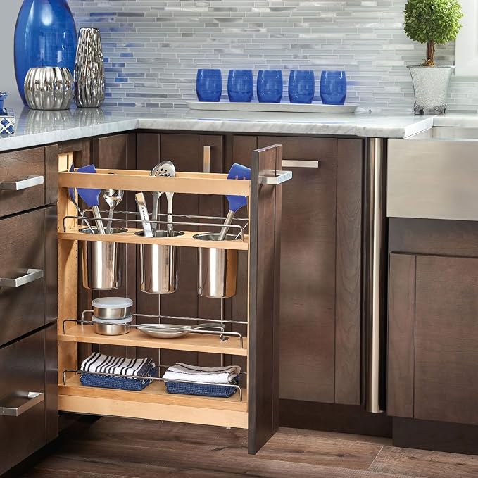 Rev-A-Shelf Pullout Organizer w/Soft-Close, Min Cabinet Opening 5.5" W | 5" W Slide Out Pantry Spice or Utensil Storage Rack w/BLUM Soft-Close & Adjustable Shelves for Base Cabinet, 448UT-BCSC-5C