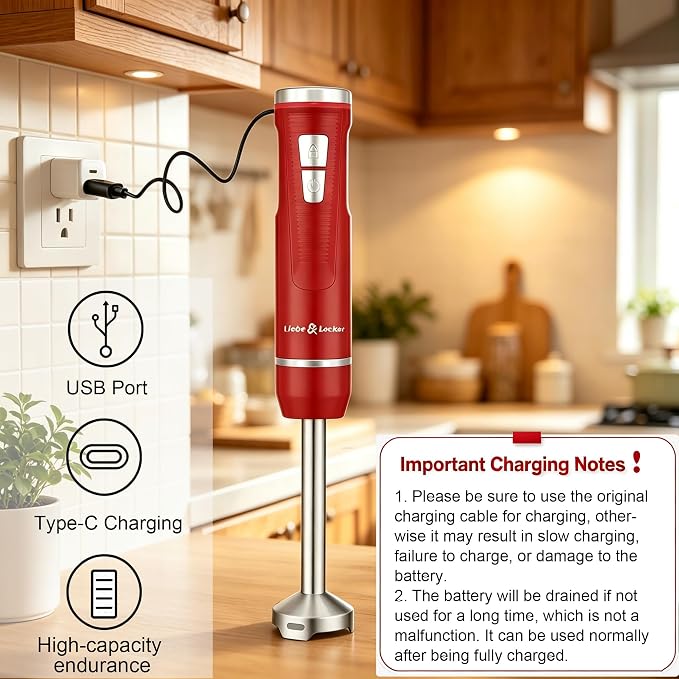 Liebe&Lecker Cordless Immersion Blender, 3-in-1 Handheld Stick Blender | Rechargeable Electric Mixer Set with Whisk & Milk Frother, 8-Speed Hand Blender for Shakes, Soups, Coffee, Zero BPA (Red)