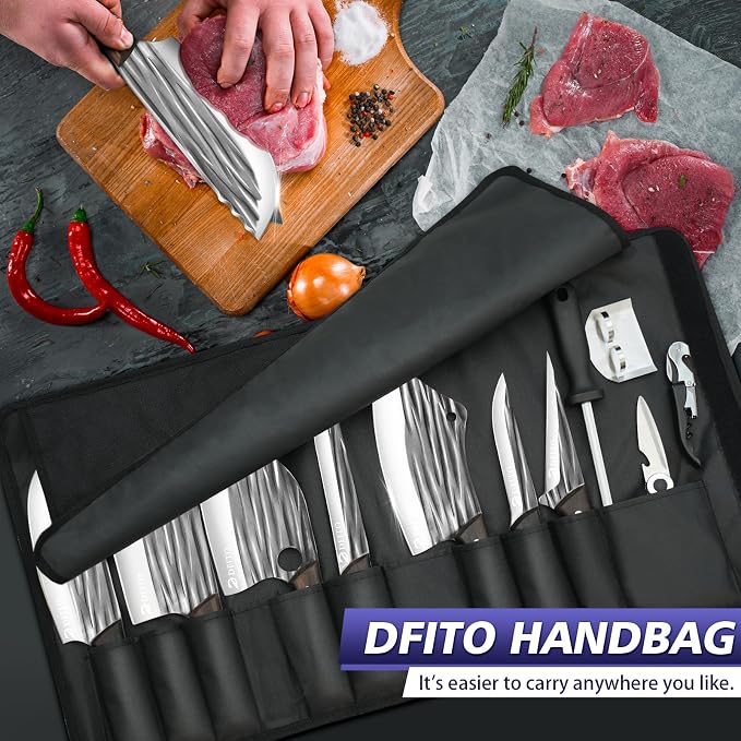 Butcher Knife Set, Sharp Kitchen Knife Set with Roll Bag Gift for Men | Hand Forged 14PCS Butcher Chef Knife Set with Bone Chopping Knives & Meat Cleaver Knife & Fillet Knives for Home, Camping BBQ
