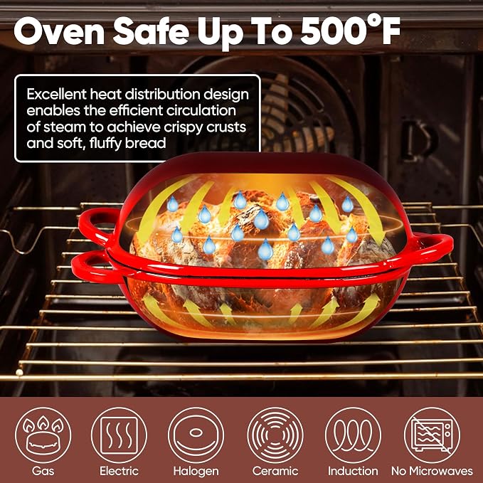 TeamFar Enameled Cast Iron Bread Loaf Pan, 2 QT Oval Dutch Oven with Lid | for Sourdough Bread Baking, Enameled Meatloaf Loaf Baking Pan with Lid, Even Heat Distribution & Self-Basting, Red