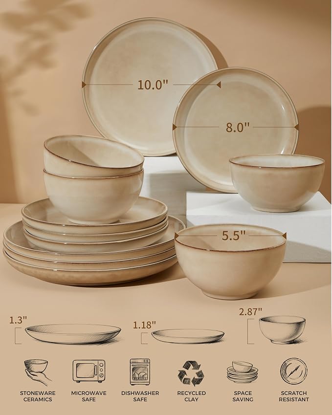 Stoneware Dinnerware Sets Service for 4, 12 pcs Reactive Glaze Plates and Bowls Sets, Handmade Ceramic Dish Set, Highly Chip and Crack Resistant Modern Plate Set, Mocha Beige