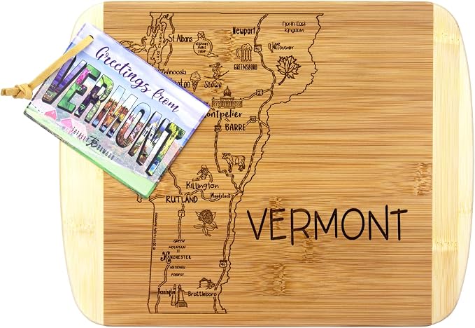 Totally Bamboo A Slice of Life Vermont Engraved Map Cutting Board | 11” x 8.75” charcuterie board with engraved state map artwork. Smooth reverse side for food prep. Hang tie for wall display.
