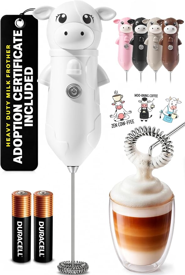 Zulay Kitchen Cow Milk Frother Wand – Cutesy Frother, Meet Your New Frothing Buddy Daisy The Cow, Adoption Papers and Stickers Included, Purrr-fect for Lattes, Cappuccino & Matcha – White