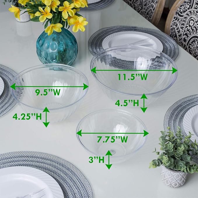 PLASTICPRO Disposable Combo Set of Salad Bowl Includes 2, 48 Ounce 2, 96 oz 2, 150 Ounce Round Crystal Clear Plastic Serving Bowl