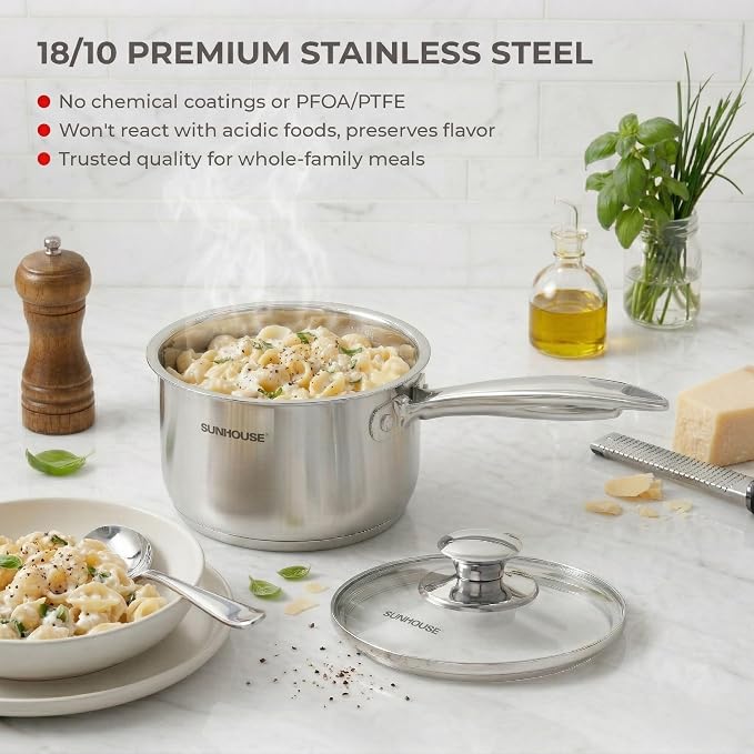 SUNHOUSE 1.5 QT Stainless Steel Saucepan with Lid, 3-Ply Small Sauce Pot | 18/10 Stainless Steel Pot For Cooking - Induction Compatible Milk Pan - PFOA Free, Oven & Dishwasher Safe Sauce Pan