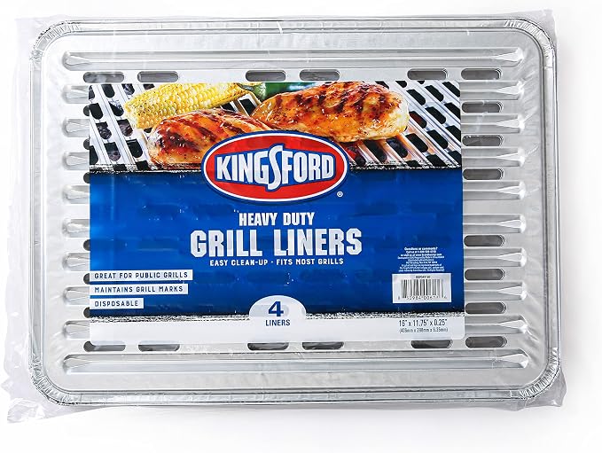 Kingsford Heavy Duty Disposable Grill Liners, 16 x 11.75 Inch, 4 Count | Aluminum foil design, prevents food and sauce from falling through grates, for outdoor BBQ grills daily
