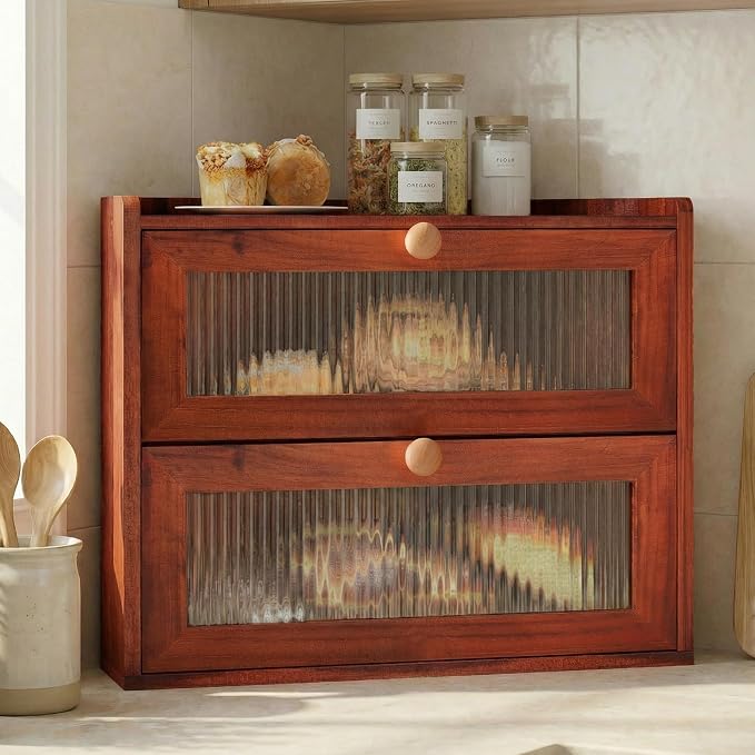 Corner Bread Box for Kitchen Countertop, Cherry-Toned 2-Tier Farmhouse | Ventilated Design Keeps Bread Crusty, Stores Fruit, Snacks & Spices, Corner-saving for Countertop, Counter Organizer