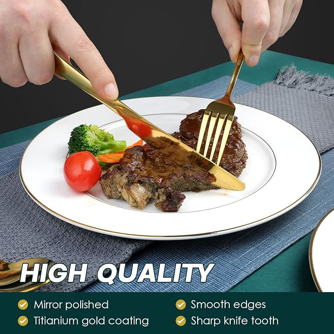 Gold Silverware Set, OGORI 24-Piece Food Grade Stainless Steel Gold Flatware Set, Kitchen Utensil Set Service for 6, Mirror Polished Tableware Cutlery Set for Home and Restaurant, Dishwasher Safe
