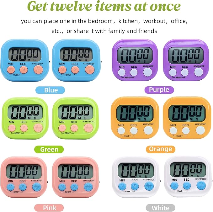 12 Pack Multi-Function Electronic Timer - Kitchen Timer,Magnetic Digital Timers,Big LCD Display, ON/Off Switch,Extensively Use in Cooking,Gym, Meeting, Classroom,Kitchen,Study,Work,Outdoor Activities