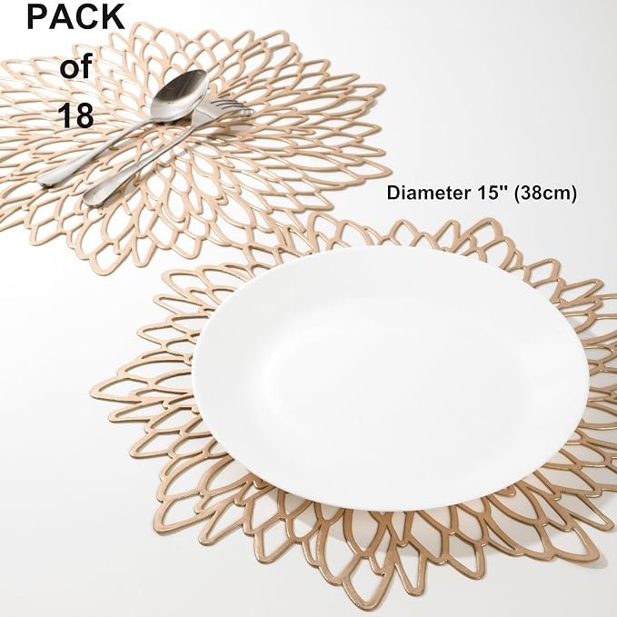 Snowkingdom Pack of 18 Gold Placemats Metallic Round Leaf Bulk Pressed Vinyl Dinning Kitchen Table Charger Mats Decorations for Mothers Day Wedding Party Birthday Event Holiday Christmas Thanksgiving