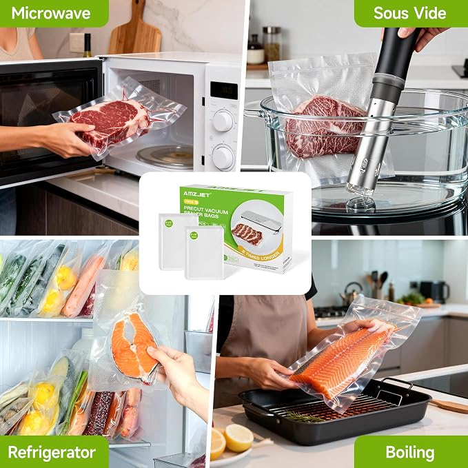 Vacuum Sealer Bags for Food, 200 Count, Quart Size 8" x 12", Pre Cut Vacuum Seal Bags, BPA Free Embossed Food Vacuum Sealer Bags for Freezer Storage, Meal Prep & Sous Vide, Heavy Duty Commercial Grade
