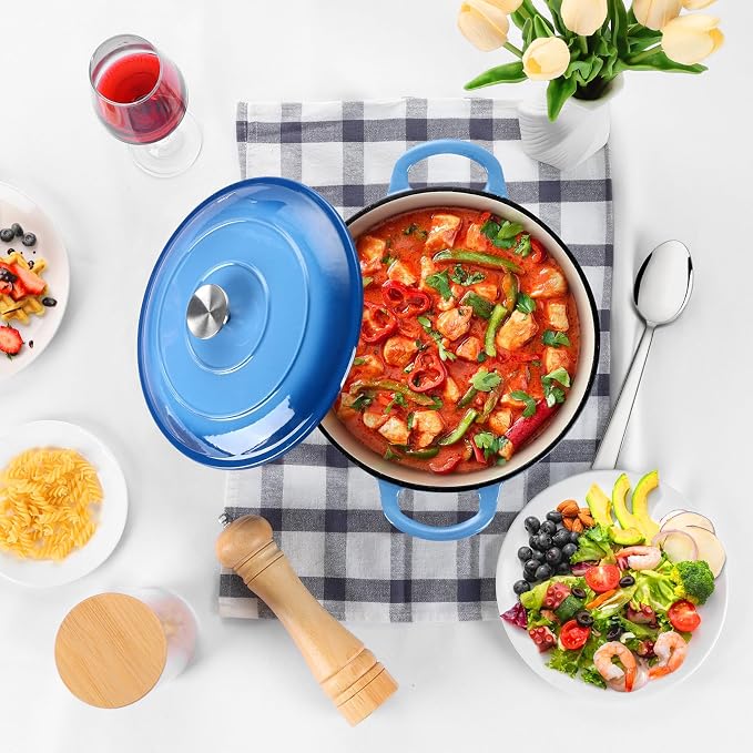 P&P CHEF 5QT Enameled Dutch Oven, Dutch Oven Pot for Bread Baking, Blue | 5 Quart Enameled Cast Iron Casserole Pot with Lid, for Roasting Braising Stewing Frying Simmering, Work on Various Stoves