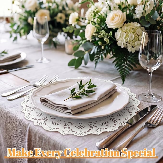100 Pack 13.5 Inch Round White Paper Doilies, Disposable Lace Placemat | Rustic Scallop Doily Table Pads, Heavy-Duty Paper Place Mats for Cakes, Crafts, Parties, Weddings, Buffet, Home Decor