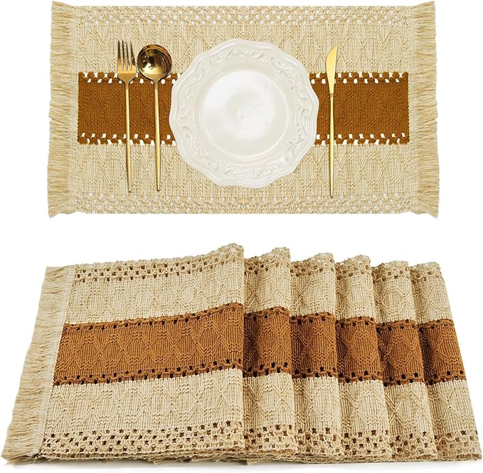 Boho Placemats Set of 6 Table Mats Farmhouse Dining Decor Caramel | 12x20" Place Mat Set of 4 Macrame Table Decor Farmhouse Burlap Placemats for Home Dining Table Centerpiece Home Decorations
