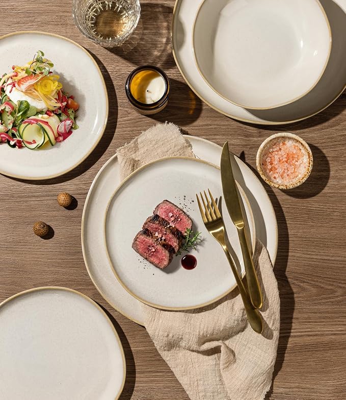 GBHOME Stoneware Dinnerware Sets for 8,24 Piece Rustic Plates and Bowls Set | Earthenware Handmade Reactive Glaze Plate Sets, Chip Resistant Ceramic Dishes, Microwave & Dishwasher Safe, Vanilla Cream