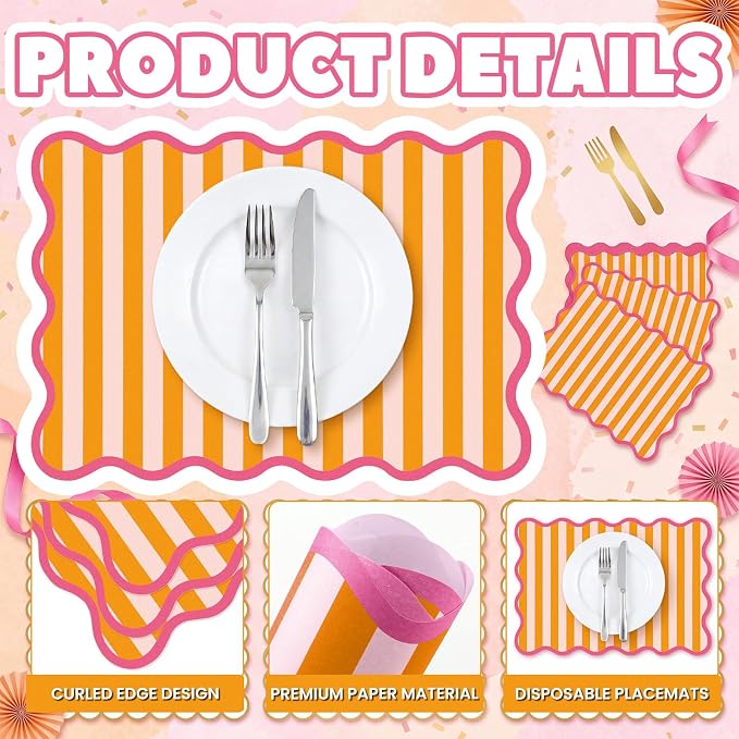 100 Pcs Italian Summer Party Decorations Orange Pink Stripe Scalloped Paper Placemats Disposable Place Mats for Summer Sunset Soiree Wedding Bridal Shower Party Home Table Kitchen Decor