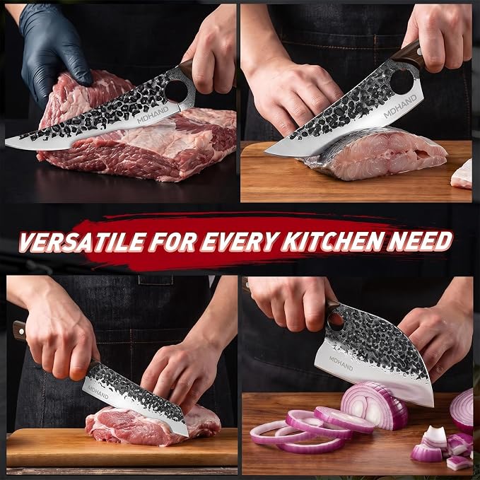Butcher Knife Set, Serbian Chef Knife Set with Roll Bag Gift for Men | Hand Forged Full Tang 18PCS Kitchen Knife Set, Ebony Handle, High Carbon Steel Meat Cleaver for Brisket Trimming, Camping BBQ