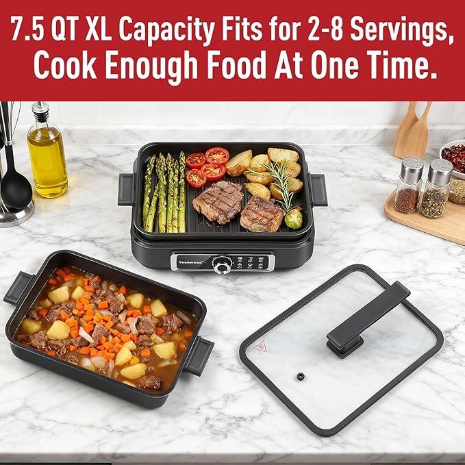 Indoor Grill, Techwood Electric Indoor Grill Griddle 7.5-Quart 1500W Versatile Multi-Cooker with 5-Level Heat Settings, Come with Removable Non-stick Grill Pan& Cooking Pot, Dishwasher Safe