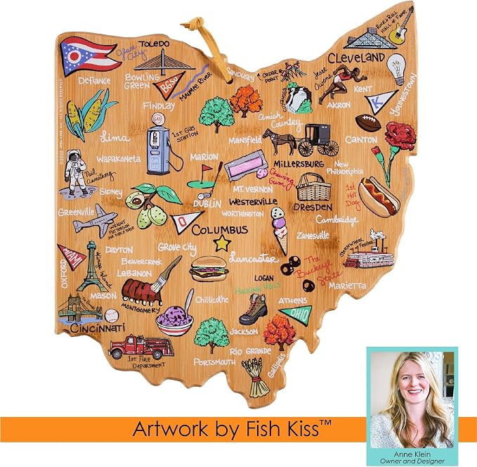 Totally Bamboo Ohio State Shaped Cutting Board, Art by Fish Kiss | State charcuterie board with colorful hand-drawn map artwork. Smooth reverse side for food prep. Hang tie for wall display.