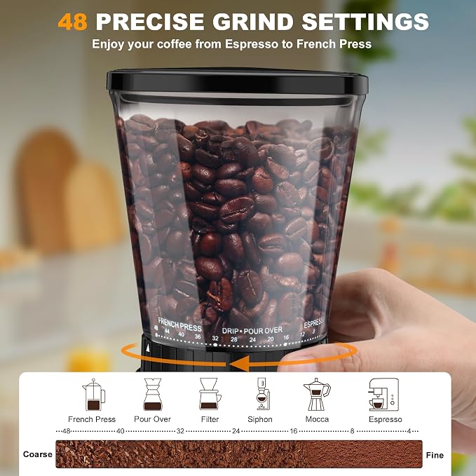 binROC Electric Conical Burr Coffee Grinder with Portafilter Holder, Black | 48 Grind Settings, 35s Timer, Anti-Static, Easy Clean, Low Noise with Overheat Protection for Espresso, Drip & French Press