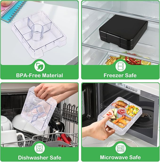 Pawtong Bento Lunch Box Set With 10oz Soup Thermo, Leak-proof Lunch Containers with 4 Compartment, Kids Hot Thermo Food Jar/Insulation Lunch Bag, Food Containers for School (Black)