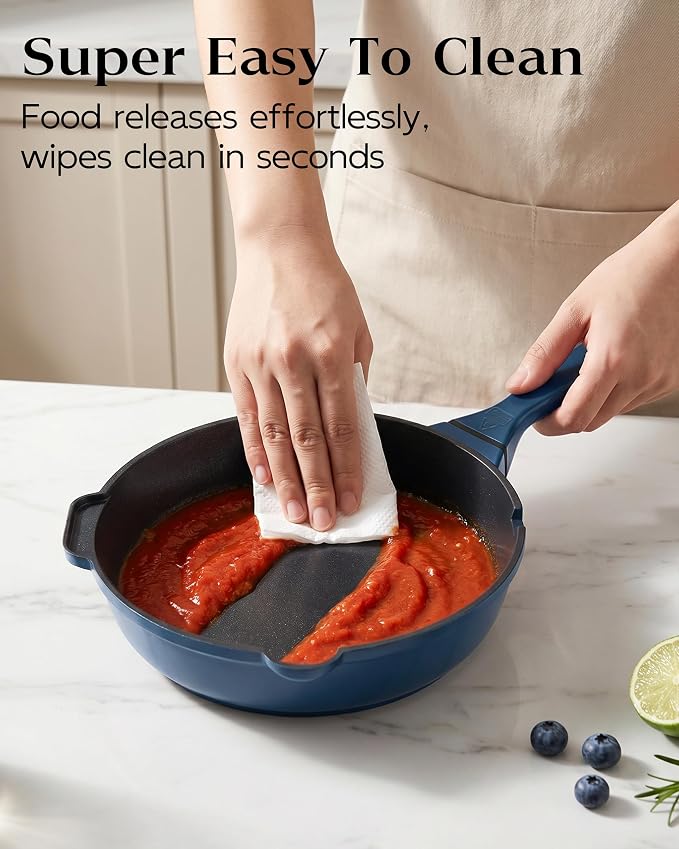 FDN 8" Ceramic Non Stick Frying Pans With Lid, Titanium Pans for Cooking, Non-Toxic PFAS-Free, Induction & Oven-Safe Cookware, Blue For Daily Cooking