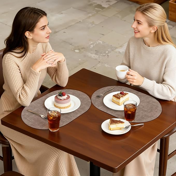 Placemats Set of 6, 11.8 x 17 Inch, Light Brown | Heat Resistant Oval Faux Leather Place Mats, Waterproof Wipeable Reversible PU Placemat, Indoor & Outdoor
