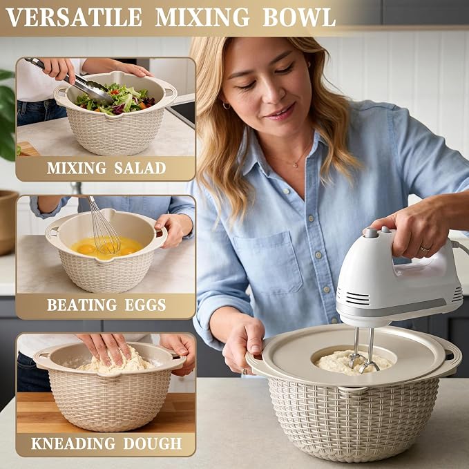 4-in-1 Colander with Bowl Set — Patented 360° Rotatable Strainer Bowl with 3 Graters, Snap-On Lid & Non-Slip Base, Funny Kitchen Present for Women, Aesthetic Pasta Fruit Vegetable Strainer (Beige)