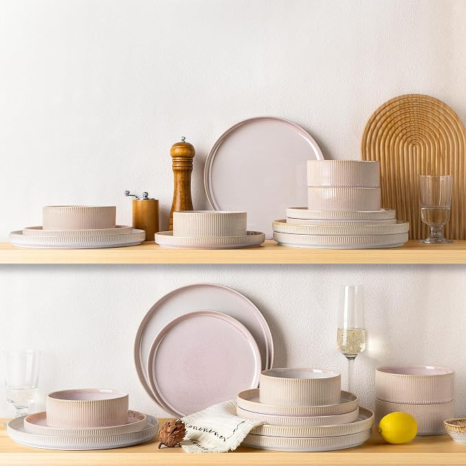 Ceramic Dinnerware Set for 6, 18-Piece Plates and Bowls Set | Lightweight Porcelain Dish Set, Scratch Resistant, Oven & Microwave & Dishwasher Safe, Primrose Pink