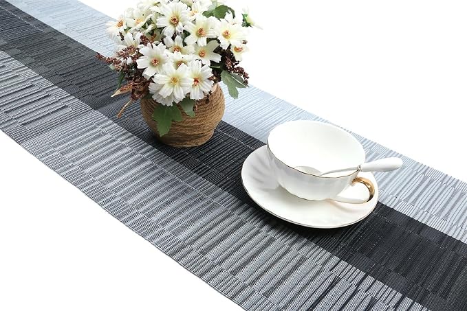 SHACOS Woven Vinyl Table Runners PVC Table Runners 12 x 36 inch Wipe Clean Reversible Plastic Weave Tabletop Counter Decor Mats Indoor Outdoor, Ombre Black and Gray