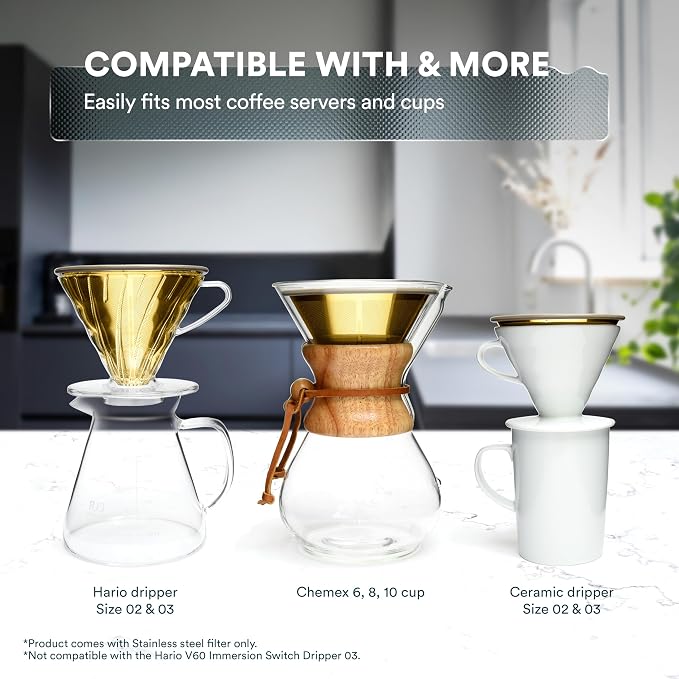 OVALWARE Paperless Stainless Steel Pour Over Coffee Filter – Reusable and Permanent Coffee Cone Dripper for Ovalware, Chemex, Hario and Other Carafes (Titanium Gold)